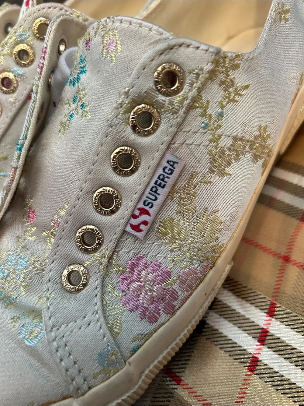 Superga Ivory Floral Slip-On Sneakers with Gold Eyelets